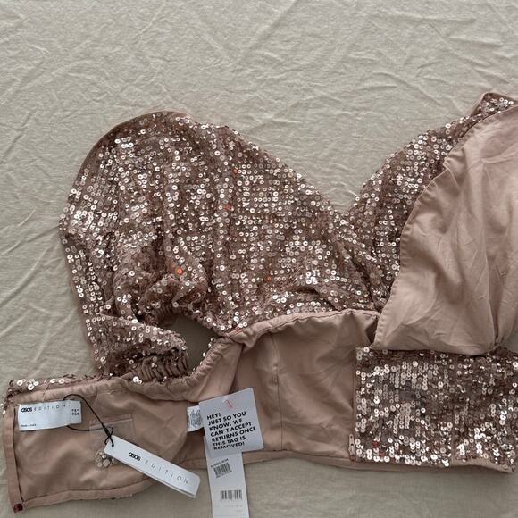 ASOS EDITION NWT ($130) | sequin off shoulder drape crop top in blush | size 6 - Picture 5 of 8